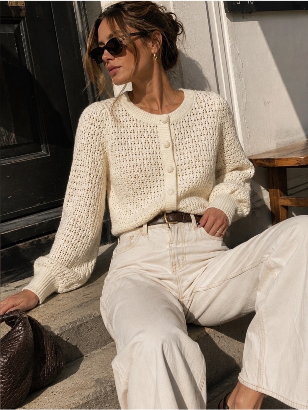 Caroline Constas Ivory Cream Knit Crochet Cardigan Sweater NWT